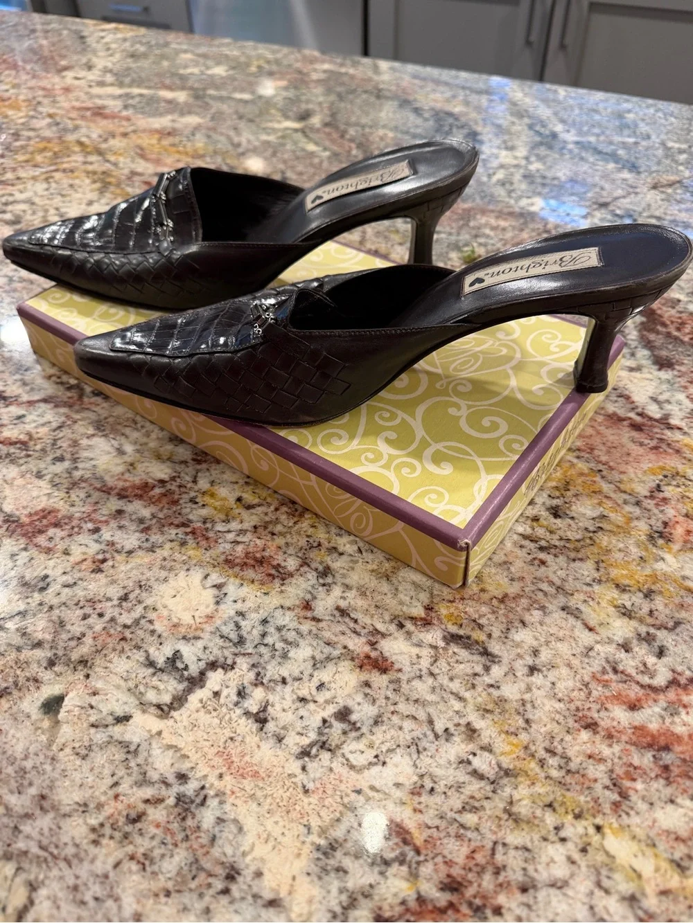 Brighton slides 2 1/2” heel; brown size 9